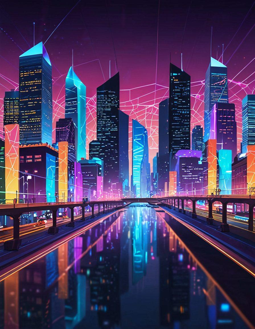 A futuristic cityscape intertwined with glowing, interconnected web-like networks. Diverse, happy consumers at digital kiosks confidently making choices. Vibrant colors highlighting technological advancement and empowerment. Incorporating symbols of robustness such as strong bridges and secure locks. Vector art.