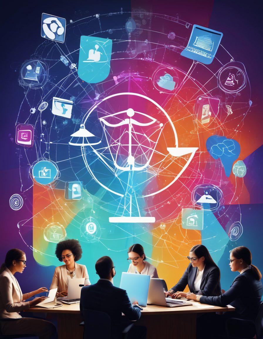 A diverse group of people engaging with digital devices, surrounded by symbols of advocacy like scales of justice and megaphones, with a backdrop of interconnected webs. The imagery should evoke empowerment, choice, and digital freedom. Illustration style, vibrant colors, modern design.