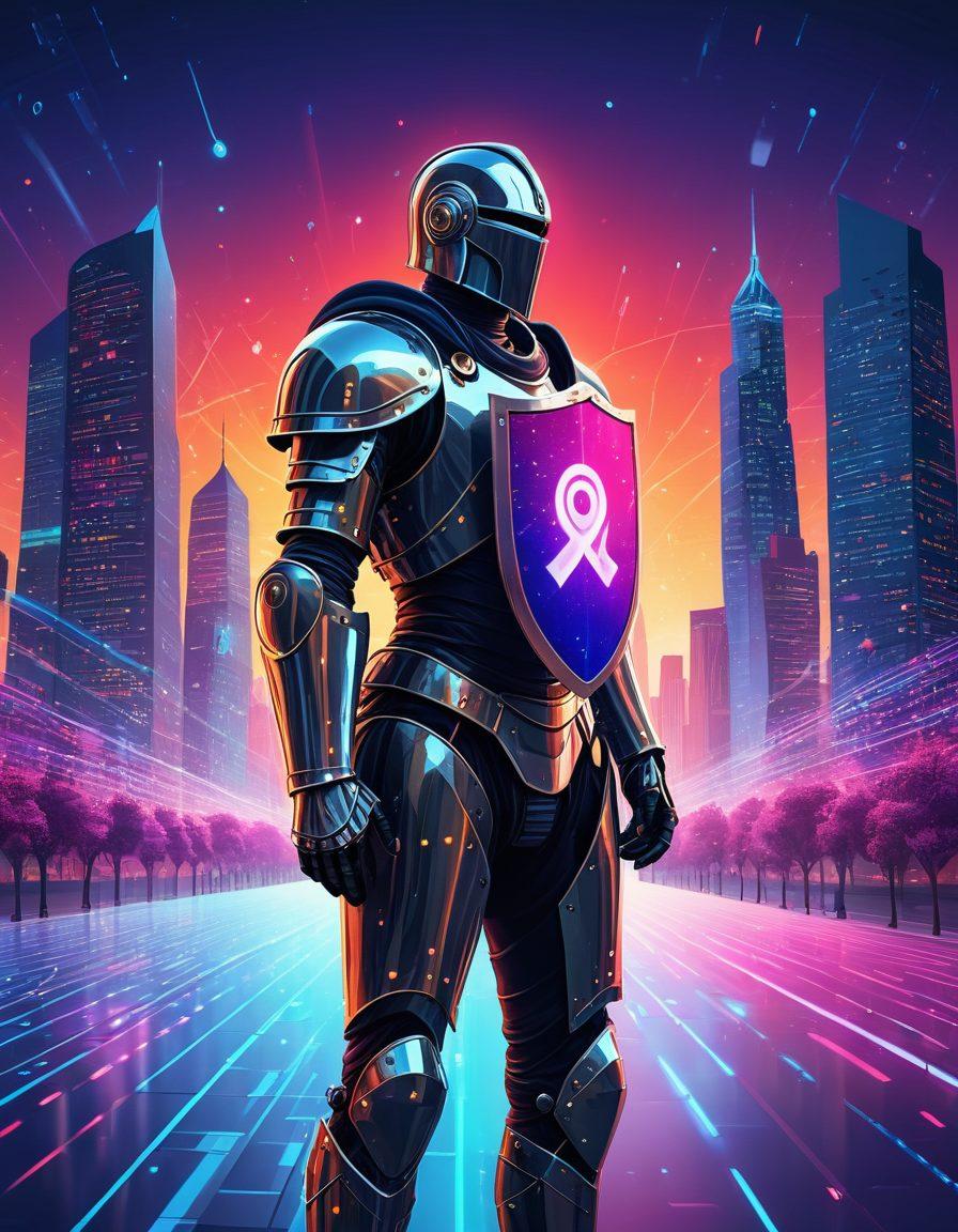 A digital knight in shining armor holding a shield with the Internet symbol, standing against a backdrop of a virtual cityscape filled with binary code and interconnected networks. Diverse people are looking up to the knight, symbolizing protection and advocacy. vibrant colors. vector art.